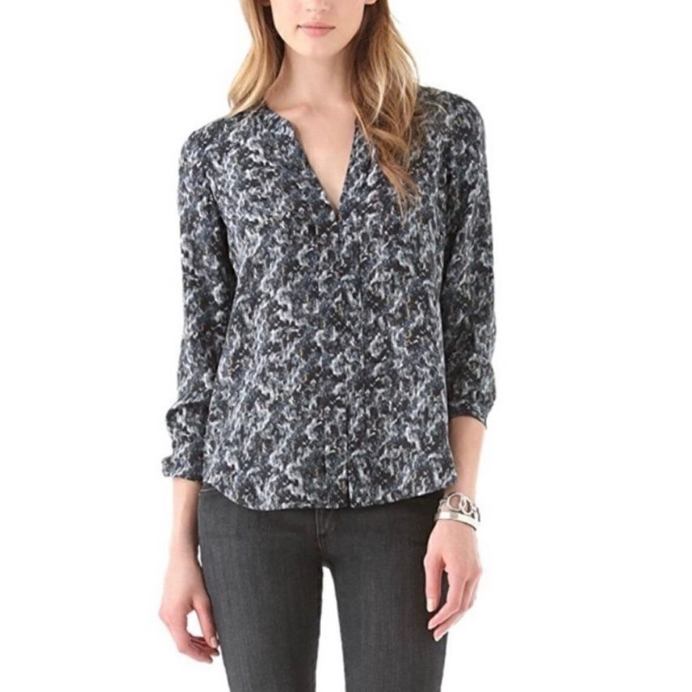 Theory 100% Silk Ruisa Caligula Blouse Size Large Blue Multicolor Pattern